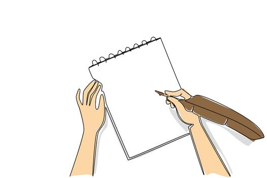 Single one line drawing hand writing in notebook using quill. Taking notes. Practice developing skills. Life notes. The most classic. National Notebook Day. Continuous line design graphic illustration vector
