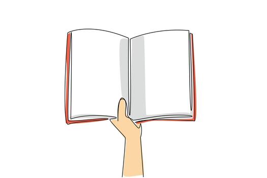 Single continuous line drawing hand holding a notebook. Opening notes. Reading references becomes better. The most learner. Be the best. National Notebook Day. One line design illustration vector