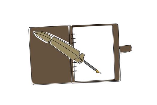 Single continuous line drawing open leather covered notebook with quill on top. Writing romantic poetry in classic style.. Best inspiration. National Notebook Day. One line design illustration vector