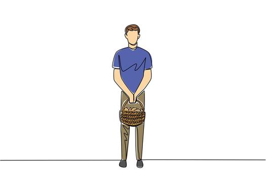 Continuous one line drawing a man carrying a rattan basket filled with mushrooms with both hands. Coming home after hunting. National Mushroom Hunting Day. Single line draw design illustration vector