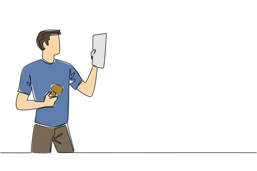 Single continuous line drawing a man holding a book and other hand holding a mushroom. Observing types and shapes based on science. National Mushroom Hunting Day. One line design illustration vector