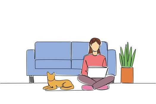 Continuous one line drawing woman sitting cross legged on floor with laptop on lap and cat lying down. Architect. Designing. National Work From Home Day. Single line draw design illustration vector