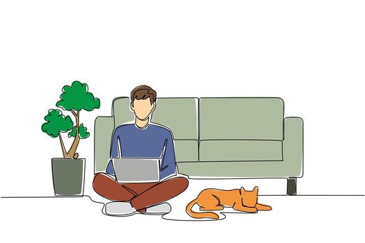 Single one line drawing man sitting cross legged on the floor with laptop on lap and cat lying down. Creating a tax invoice. National Work From Home Day. Continuous line design graphic illustration vector
