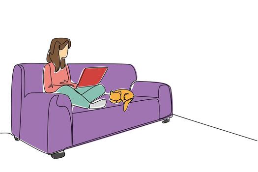 Single continuous line drawing a woman sitting cross legged on sofa with laptop on lap and cat lying down. Online meeting. Report. National Work From Home Day. One line design illustration vector