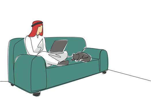 Continuous one line drawing arab man sitting cross legged on sofa with laptop on lap and cat lying down. Remote work abroad. National Work From Home Day. Single line draw design illustration vector