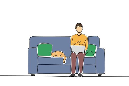 Single continuous line drawing man sits on sofa typing laptop on lap and cat lying down. Complete remote overseas jobs one by one. National Work From Home Day. One line design illustration vector