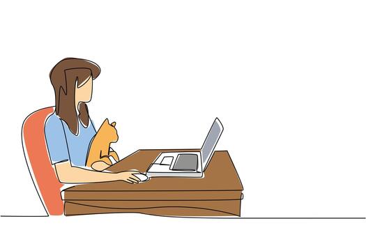 Single continuous line drawing a woman sits on a chair typing on a laptop and hugging a cat. Creating charts for online presentations. National Work From Home Day. One line design illustration vector