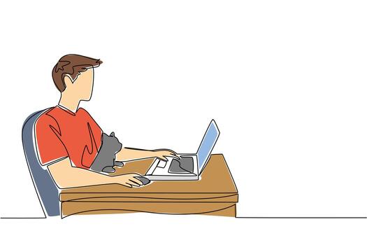Single one line drawing a man sits on a chair typing on a laptop and hugging a cat. Creating cutting edge applications. Busy. National Work From Home Day. Continuous line design graphic illustration vector