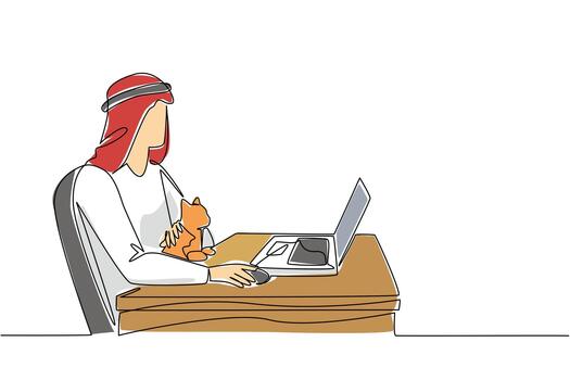 Continuous one line drawing an arab man sits on a chair typing on a laptop and hugging a cat. Lots of reports on deadline day. National Work From Home Day. Single line draw design illustration vector