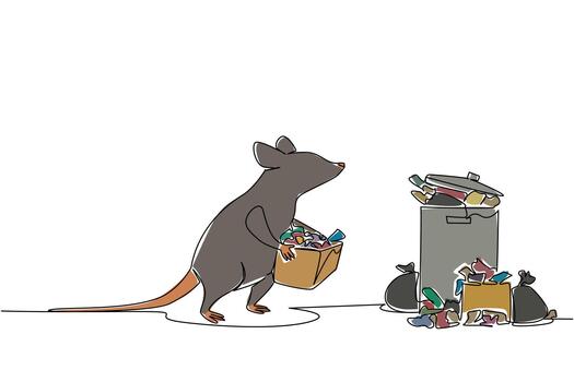 Continuous one line drawing rats walking carrying cardboard boxes filled with garbage towards a pile of garbage. Removes dirt. Clean. National Pack Rat Day. Single line draw design illustration vector