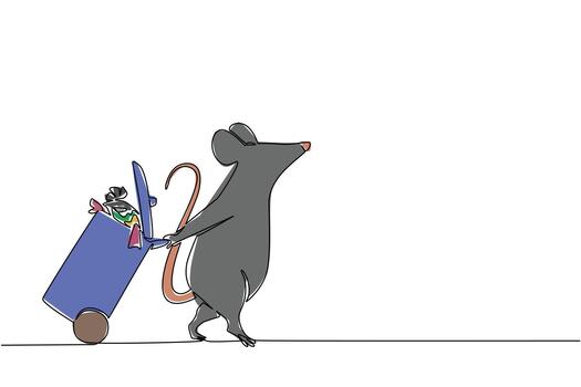Single one line drawing rats walk while dragging trash can full of trash. For the sake of the environment. Throw away, don't bury it. National Pack Rat Day. Continuous line design graphic illustration vector