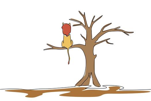 Continuous one line drawing lion is sitting on a big dry tree branch. The food chain is slowly changing. Bad adaptation. National Endangered Species Day. Single line draw design illustration vector