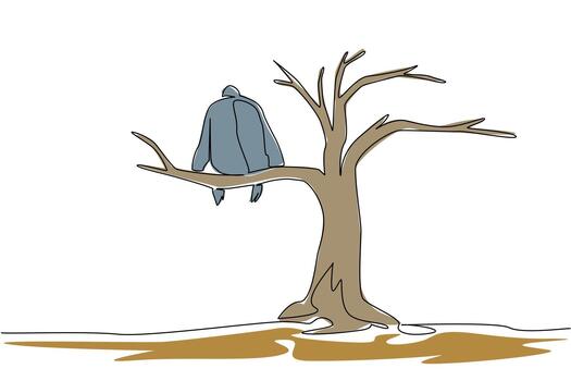 soltero continuo línea dibujo gorila sentado en un grande seco árbol rama. incapaz a sobrevivir. crónico ambiental daño. extinguido. nacional en peligro de extinción especies día. uno línea diseño ilustración vector