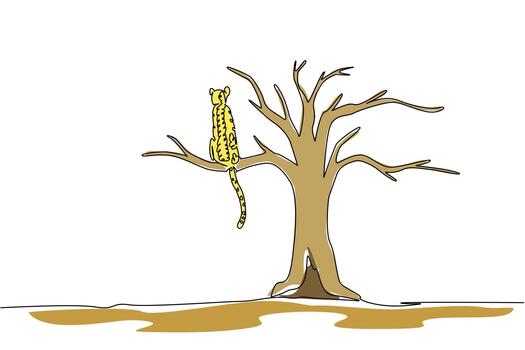 Single one line drawing cheetah sitting on a big dry tree branch. Changing food chain patterns. Damaged nature. Extinction. National Endangered Species Day. Continuous line design graphic illustration vector