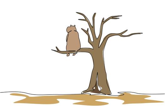 Single one line drawing hippopotamus sitting on dry tree branch. Loss of ecosystem. Loss of habitat. From rare to extinct. National Endangered Species Day. Continuous line design graphic illustration vector