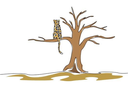 continuo uno línea dibujo leopardo sentado en seco árbol rama. ambiental dañar en todos lados. extinción es inminente. nacional en peligro de extinción especies día. soltero línea dibujar diseño ilustración vector