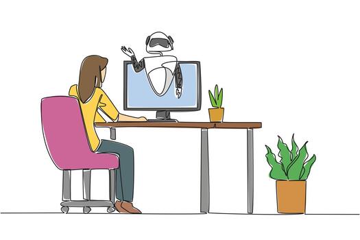 Continuous one line drawing woman sits facing monitor that comes out of robot on work desk. How to make animation. International Virtual Assistants Day. Single line draw design illustration vector