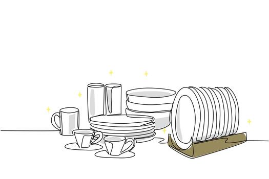 soltero uno línea dibujo filas de platos, bochas, tazas y tazas. organizar con cuidado. orden. según a función. cena evento. nacional No sucio platos día. continuo línea diseño gráfico ilustración vector