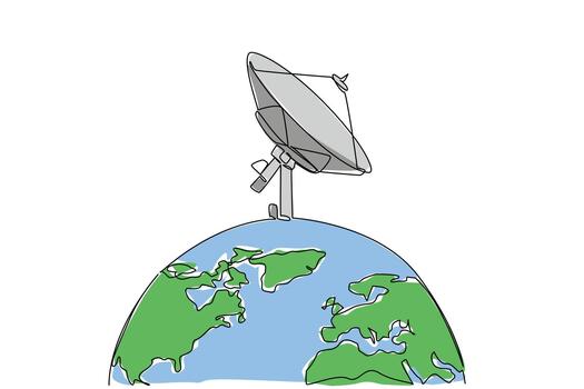 Single continuous line drawing half globe with satellite receiver on top. Receiving signals from outer space. World Telecommunication and Information Society Day. One line design illustration vector