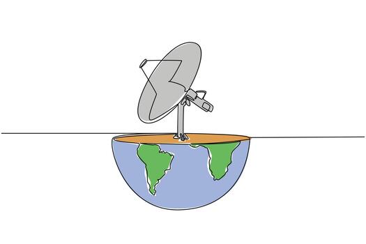 Single continuous line drawing half globe cut with satellite receiver on top. Stable signal from space. Tech. World Telecommunication and Information Society Day. One line design illustration vector
