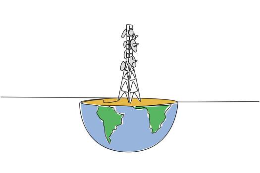 soltero uno línea dibujo medio globo separar con transmisor torre en cima. tecnología necesidades. radio. datos. mundo telecomunicación y información sociedad día. continuo línea diseño gráfico ilustración vector