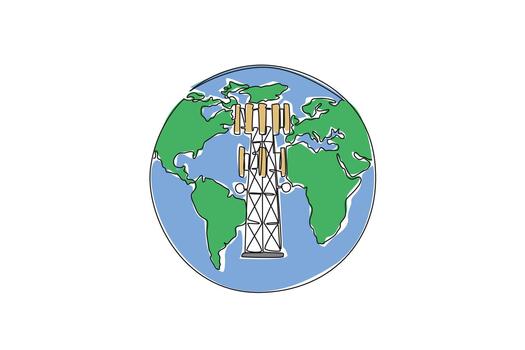 continuo uno línea dibujo lleno globo con un transmisor torre en el medio. comunicación torre. mundo telecomunicación y información sociedad día. soltero línea dibujar diseño ilustración vector