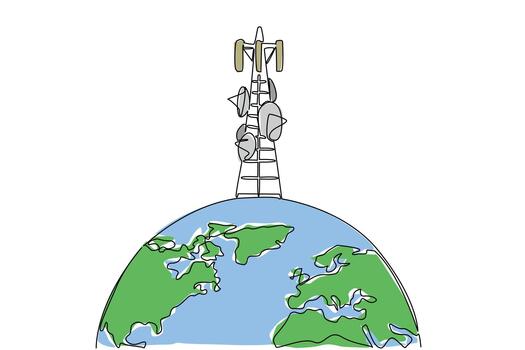 soltero continuo línea dibujo medio redondo globo con transmitiendo torre. hacer eso más fácil a comunicar. tecnología mundo telecomunicación y información sociedad día. uno línea diseño ilustración vector