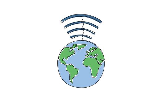 Continuous one line drawing full globe with wifi waves on top. Significant development of technology. World Telecommunication and Information Society Day. Single line draw design illustration vector