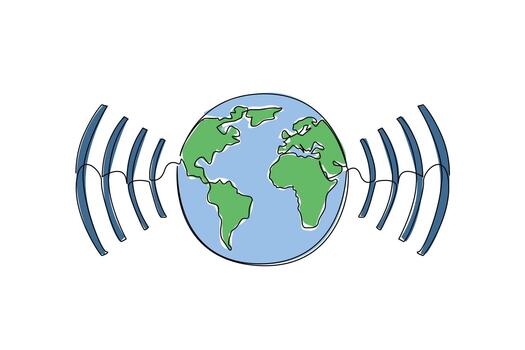 Single one line drawing globe with signal waves on both sides. Symbolization of ease of communication. World Telecommunication and Information Society Day. Continuous line design graphic illustration vector