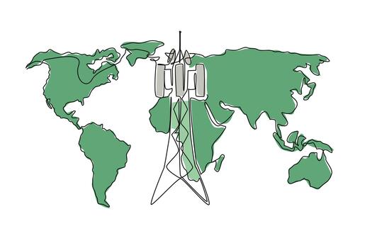Single one line drawing transmitter tower with world map background. Satellite coverage is widespread. World Telecommunication and Information Society Day. Continuous line design graphic illustration vector