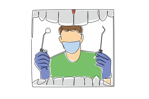 Single continuous line drawing rows of teeth and male dentist in a mask in gloves, holds a mirror and a pry tool. Tooth extraction procedure. National Dentist Day. One line design illustration vector