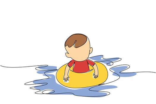 Continuous one line drawing baby boy wearing swimming ring. Fear was replaced by joy after being exposed to water. Floating. National Learn to Swim Day. Single line draw design illustration vector