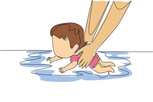 continuo uno línea dibujo mano participación bebé niña aprendizaje a nadar. práctica. lleno supervisión a evitar el el peor. instructor. nacional aprender a nadar día. soltero línea dibujar diseño ilustración vector
