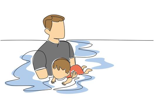 Single one line drawing a man holding baby boy learning to swim. Introducing swimming pools to teach swimming from an early age. National Learn to Swim Day. Continuous line design graphic illustration vector