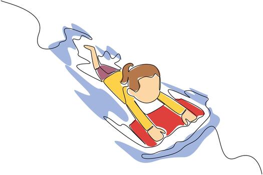 Continuous one line drawing a girl learns to swim using a float. Learn to float before can swim smoothly. Healthy activities. National Learn to Swim Day. Single line draw design illustration vector