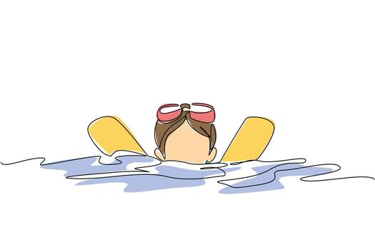 Single continuous line drawing a boy learns to swim using noodle swim. Practice regularly on weekends. Prospective swimmer. Serious. National Learn to Swim Day. One line design illustration vector