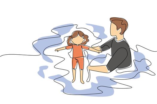 Single continuous line drawing a man holding a girl lying on her back learning to swim. Teach patiently. Educating with dedication. National Learn to Swim Day. One line design illustration vector