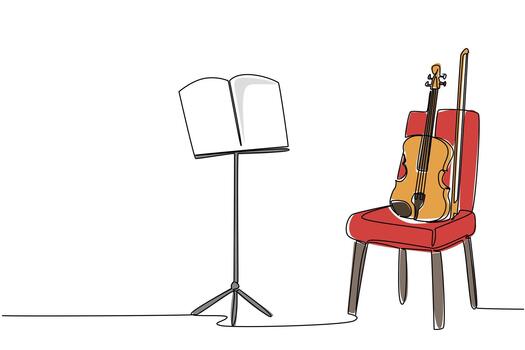 Single one line drawing violin on a chair and beside it there is a note stand with a notation sheet. Respect a musical instrument. Sound. World Fiddle Day. Continuous line design graphic illustration vector