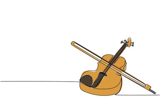 Continuous one line drawing violin with its bow. Musical instruments of various genres. Singing soothing classical music. Harmony. Sound. World Fiddle Day. Single line draw design illustration vector