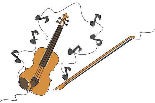 continuo uno línea dibujo violín con instrumentos de cuerda y alrededor eso allí son muchos dispersado musical Nota señales. produce armonioso tonos mundo violín día. soltero línea dibujar diseño ilustración vector