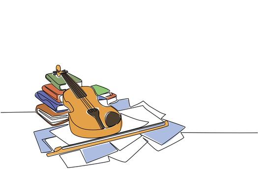Single one line drawing violin on sheets of notation and stacks of old books. Looking inspiration for melodious tunes. Soothing chants. World Fiddle Day. Continuous line design graphic illustration vector