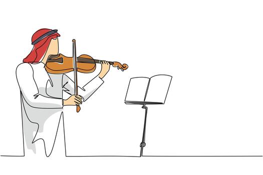 Continuous one line drawing an Arab man playing the violin in front of the note stand. Memorizing the scales for a perfect concert. Sound. World Fiddle Day. Single line draw design illustration vector