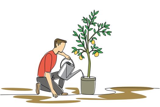 Single one line drawing a man watering a lemon tree in a pot using a watering can. Water it. Enjoy the results at harvest time. Plant a Lemon Tree Day. Continuous line design graphic illustration vector