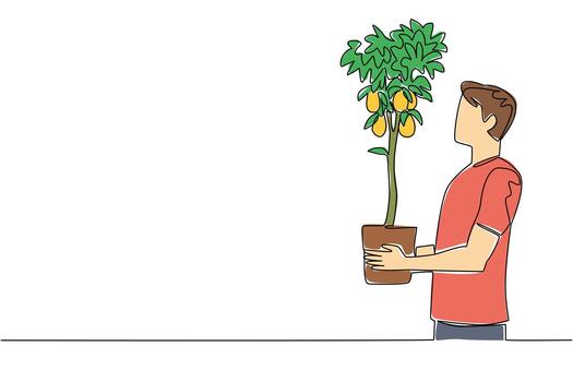 continuo uno línea dibujo un hombre participación un limón árbol en un maceta ese es ya Llevando fruta. ejemplos de exitoso cultivo. planta un limón árbol día. soltero línea dibujar diseño ilustración vector
