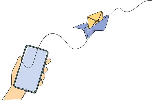 Single one line drawing paper airplane flying out of the smartphone screen. Send greetings via mobile application. Send an Electronic Greeting Card Day. Continuous line design graphic illustration vector
