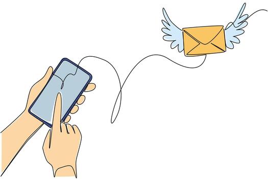 Single continuous line drawing winged envelope emerges from the screen of smartphone being held by hand. Technology in hand. Send an Electronic Greeting Card Day. One line design illustration vector
