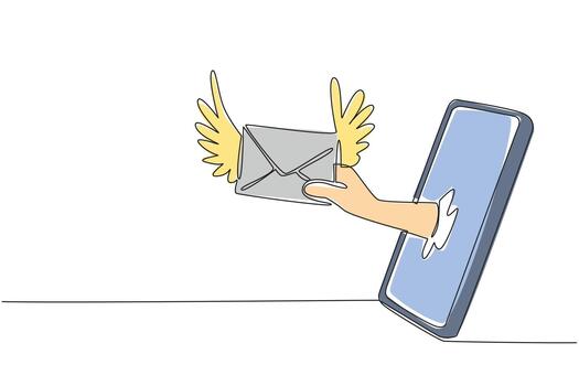 Continuous one line drawing hand holding winged envelope coming out of smartphone. Sending cards via app. Modern. Send an Electronic Greeting Card Day. Single line draw design illustration vector