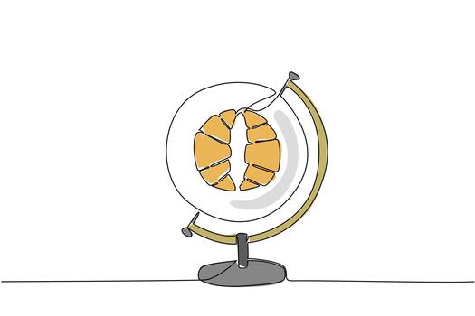 Single one line drawing a globe with a round plate in the middle containing 2 croissants. World Baking Day. Instant energy source. High in carbohydrates. Continuous line design graphic illustration vector