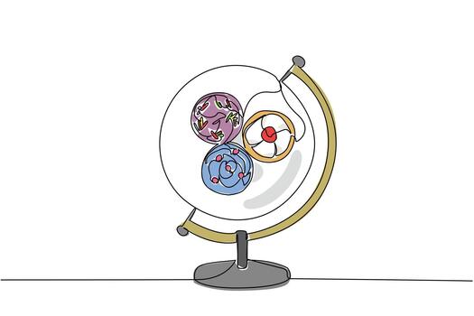 soltero continuo línea dibujo un globo con un redondo plato en el medio conteniendo 3 pastelitos un práctico y delicioso postre. dulce. relleno. mundo horneando día. uno línea diseño ilustración vector