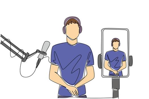 Single continuous line drawing a man using headphones and mic doing live streaming with a smartphone. Live broadcast to greet fans. Podcast. National Streaming Day. One line design illustration vector